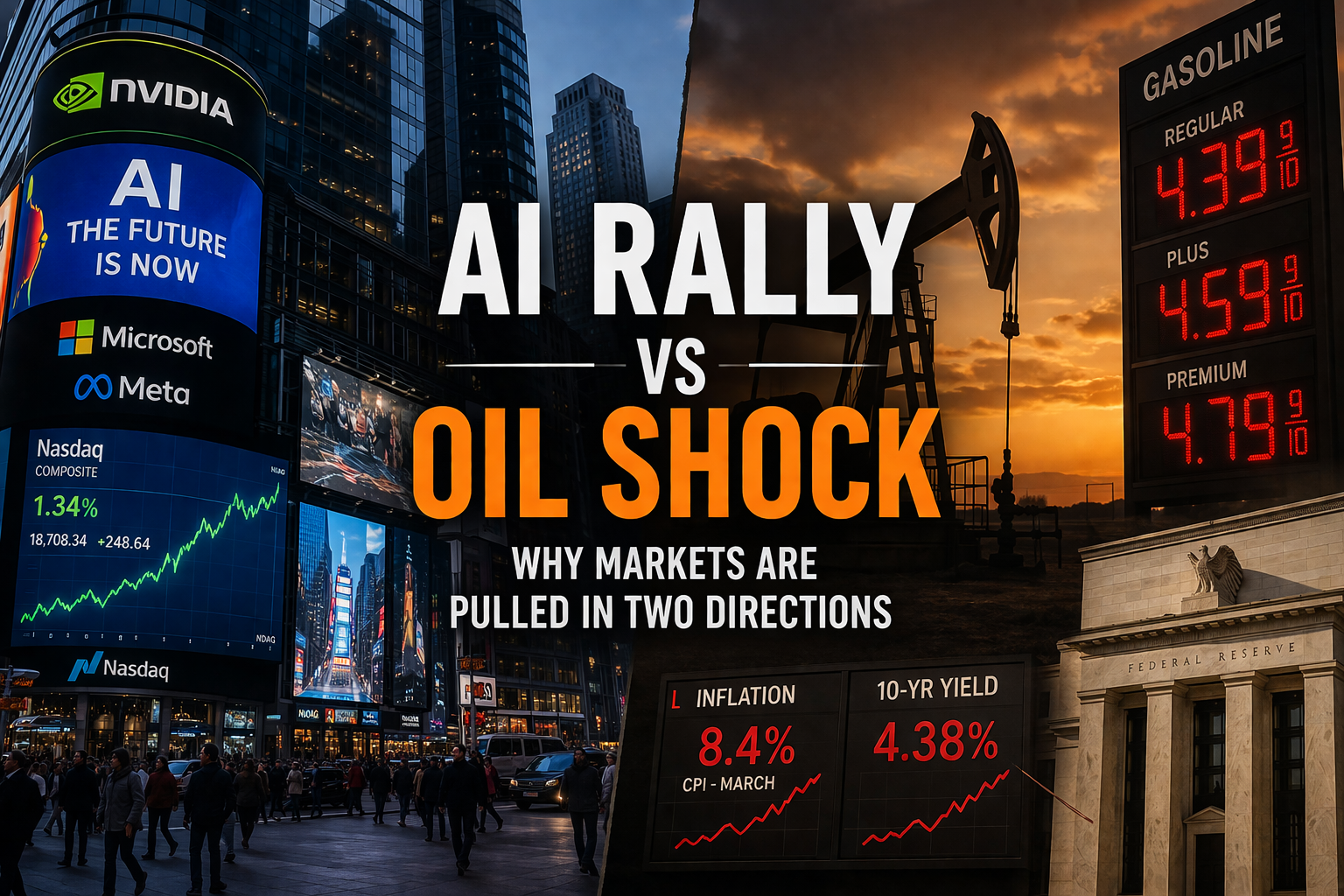 Illustrated market news concept showing artificial intelligence stocks rising on one side while oil prices and inflation risks pressure markets on the other
